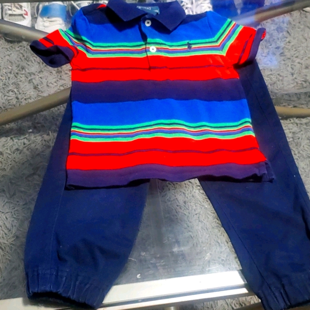 Cute multi color Polo shirt and blue pants